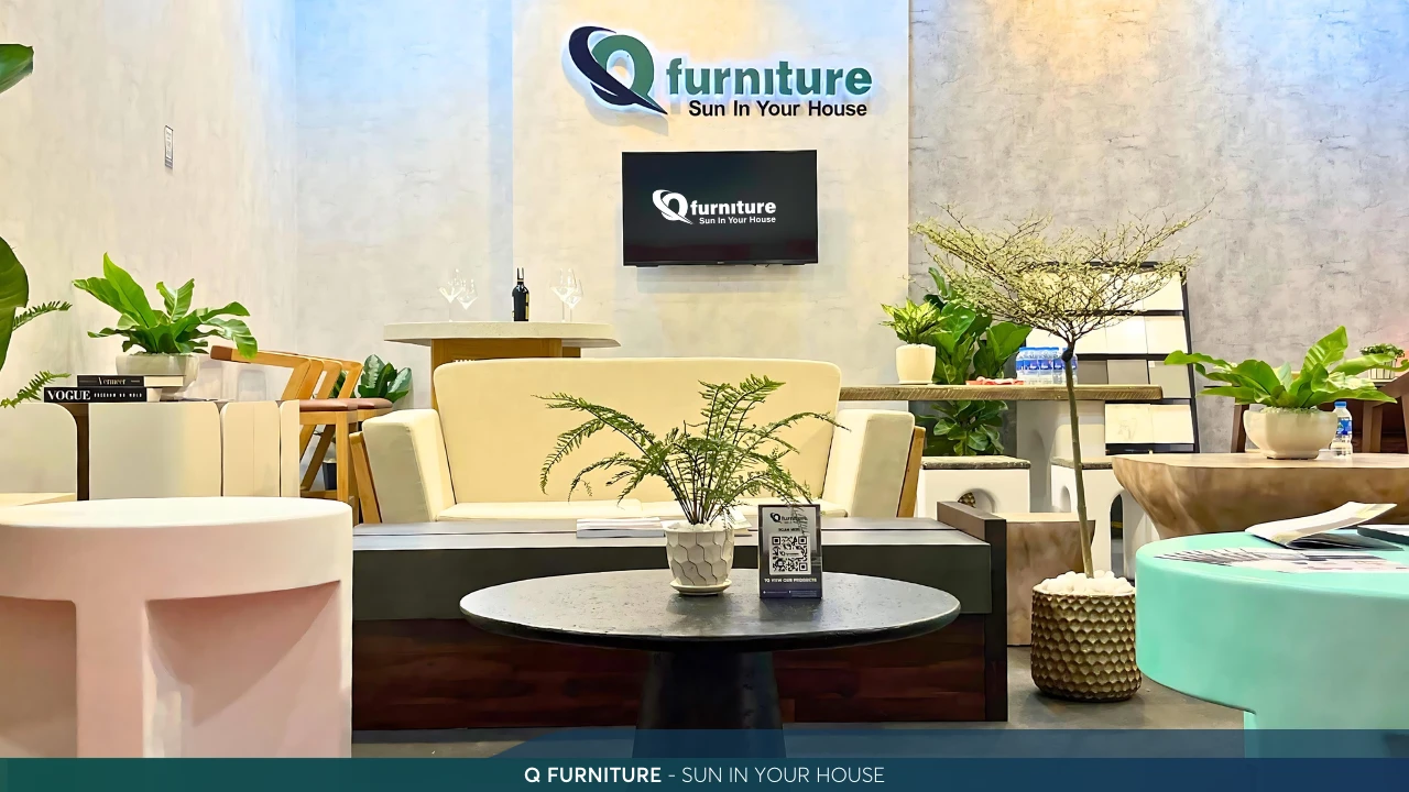 Q-Furniture concrete tables and basins displayed in the factory showroom