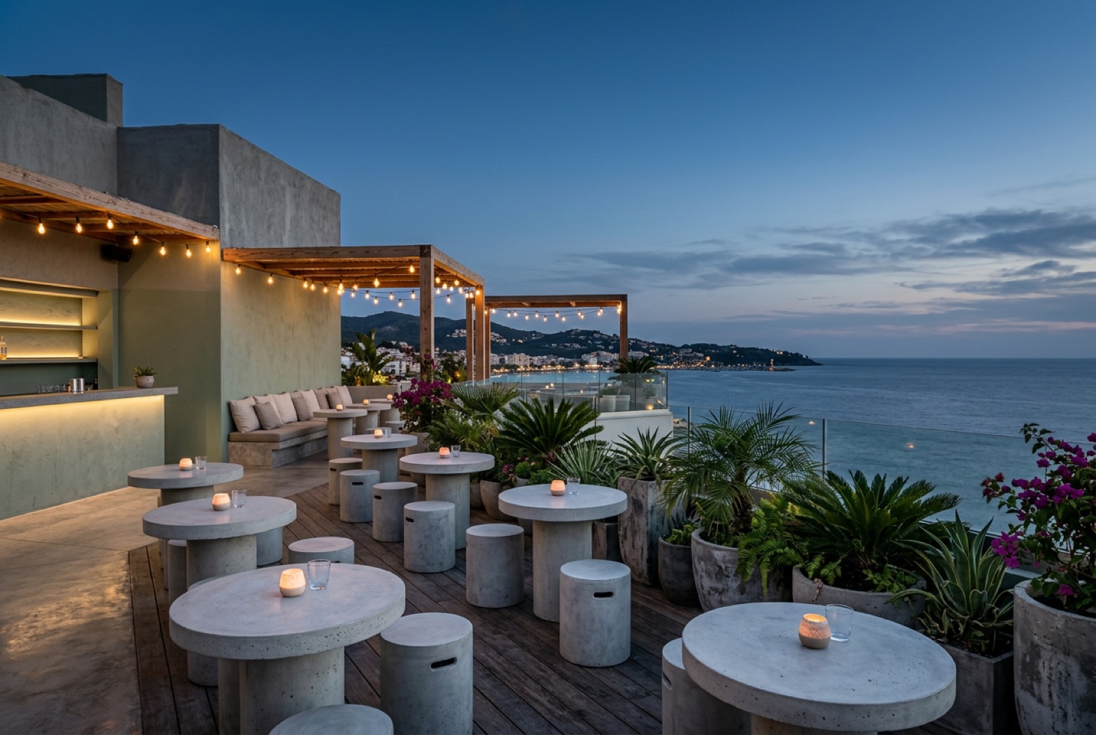 Concrete tables and stools on a hotel rooftop terrace