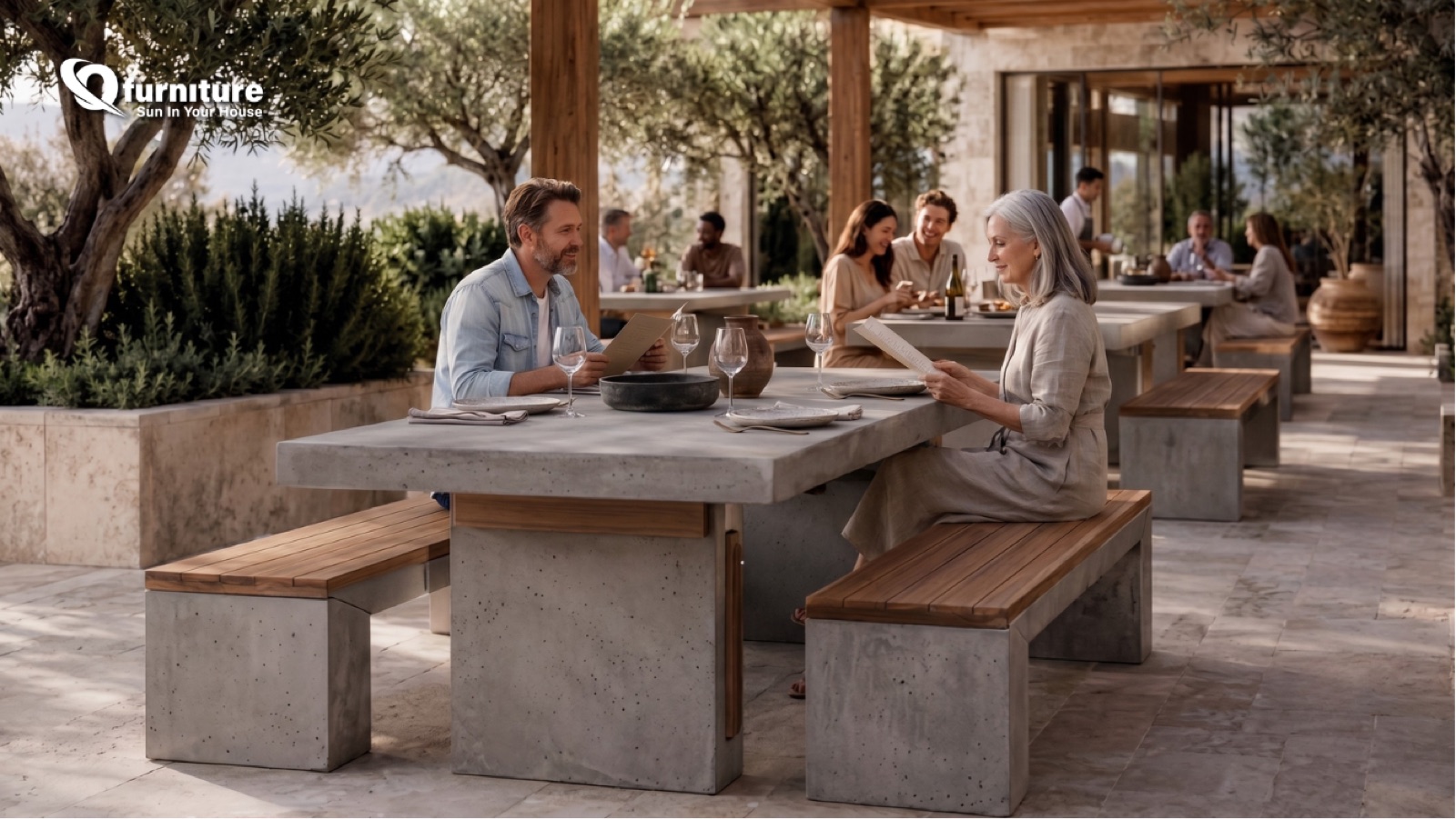 Café interior with round concrete tables